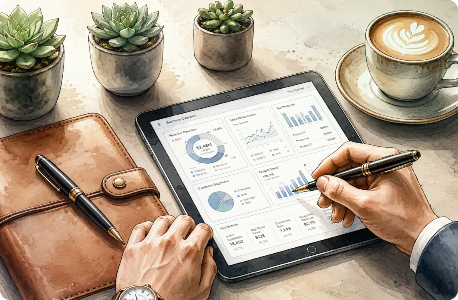 Watercolor illustration of two hands reviewing a business dashboard on a tablet, with a notebook and coffee on the desk