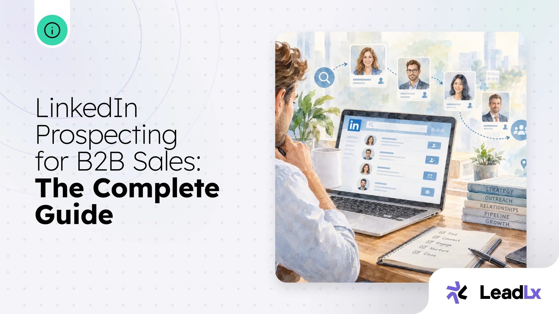 Illustration of a sales rep researching prospect profiles on a laptop while contact cards connect above the screen